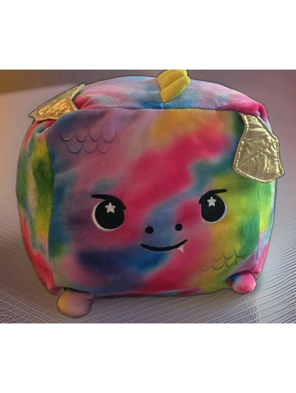 Moosh Moosh Squared 10"X10"X10" Emery Squishy Pillow Rainbow Dragon Pink Green